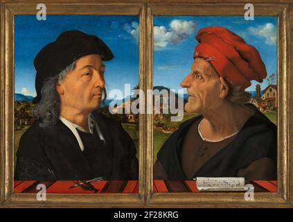 Portraits de Giuliano et Francesco Giamberti da Sangallo.ce diptych exceptionnel montre le principal architecte florentin Giuliano da Sangallo et son père récemment décédé Francesco, qui était un architecte ainsi qu'un musicien. Ce sont parmi les premiers portraits à caractériser leurs sitters par profession: Un stylo et une boussole allusion à l'architecture, la feuille de musique à la musique. Les deux disciplines sont basées sur des notions d'harmonie et de proportion. Banque D'Images