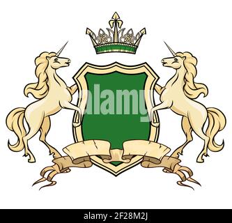 Modèle de logo blason. Licornes avec bouclier et couronne. Royale héraldique, élément insigne, logo cheval orné, illustration vectorielle Illustration de Vecteur