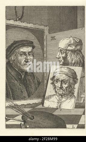 Trois portraits d'artistes numérotés. Portrait de Quinten Massijs I (No 1), Jheronimus Bosch (n° 2) et Aertgen van Leyden (no 3). Imprimer sous libellé : L. Banque D'Images