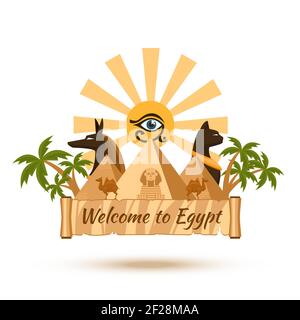 Élément d'affiche de voyage en Égypte. Pyramide et soleil, sphinx et pharaon, illustration vectorielle Illustration de Vecteur