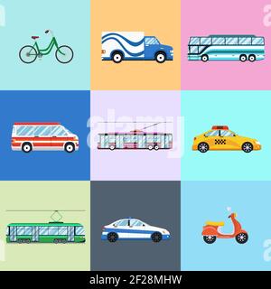 Jeu d'icônes de véhicules urbains. Voiture et trolley bus, vélo et moto, bus et police, illustration vectorielle Illustration de Vecteur