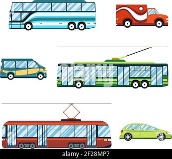 Jeu d'icônes plates de transport urbain. Tramway et bus, tramway et voiture, illustration vectorielle Illustration de Vecteur