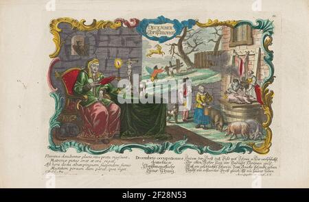 Décembre; décembre Christmonat; de twaalf maanden.an vieille femme lit un livre à une table avec une bougie, un sablier, un crâne et un crucifix. En plus d'elle une partie d'abattage avec des porcs. Dans la marge inférieure, deux fois un texte de quatre lignes en latin et en allemand. Banque D'Images