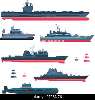 Icônes de navires militaristes. Munitions de la marine, navires de guerre et sous-marins, cuirassé nucléaire, flotteurs et croiseur, chalutiers et canonniers, frégate et ferry, v Illustration de Vecteur