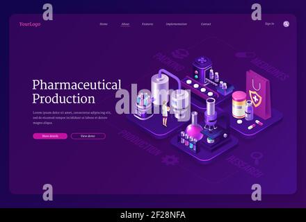 Production pharmaceutique page d'accueil isométrique, femme scientifique en robe stand dans le laboratoire médical près du tapis de convoyeur avec d'énormes flacons, médicaments, microscope et pilules de médecine 3d vecteur web bannière Illustration de Vecteur