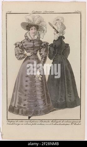 Journal des Dames et des modes, Costume parisien, 25 janvier 1826, (2379): Chapeau de satin (...).Femme habillée dans un sauréote de velours décoré de brandebourg de velours, petits 'rouleeaux', 'rosés' (rosettes ?) Et boutons satinés, par Bouhot. Sur la tête un chapeau de satin décoré avec autrucing. Autres accessoires: Bracelets autour des deux poignets, mouchoir, chaussure. Figure dans la même ressusciter, vu sur le dos. L'imprimé fait partie du magazine de mode Journal des Laden et DES Moldes, publié par Pierre de la Mésangère, Paris, 1797-1839. Banque D'Images