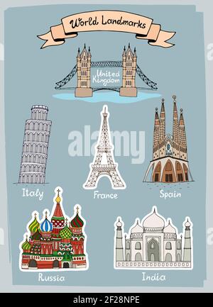 Icônes dessinées à la main de World Landmarks avec Tower Bridge au Royaume-Uni Tour de Pise en Italie Tour Eiffel en France Sagrada Familia en Espagne Taj Ma Illustration de Vecteur