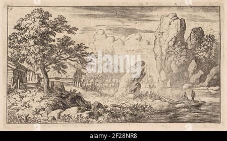 Landschap met rots aan het eau; de puntige rots aan het eau.vue d'un arbre et quelques maisons le long d'une rivière. Sur la rive un bateau à ramer, deux personnes et de hautes roches. Banque D'Images