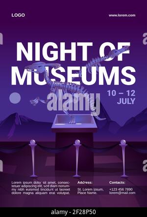 Circulaire de la nuit des musées avec exposition sur les os fossiles de dinosaures. Invitation à l'exposition avec des squelettes de dino. Animaux préhistoriques d'âges jurassiques, paléontologie, archéologie science vecteur poster Illustration de Vecteur