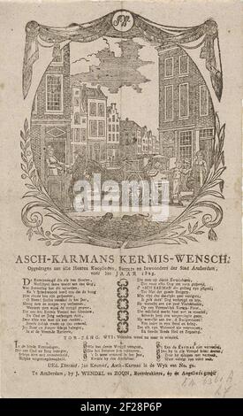 Kermisprent van de Amsterdam askarrenmannen voor het jaar 1825; Asch-Karmans Kermis Wensch (...) 1825.KermiSprent au nom des Askarrenmen (Karrorenman ou Garbizman) à Amsterdam pour l'année 1825. Vue dans une rue à Amsterdam avec un garçon qui jette un asemmer dans un chariot vide, un garçon avec un rochet et un homme qui prend de l'argent. Au bas d'un poème en deux colonnes et d'une chanson en trois versets. Au nom de Bartholomeus Wardenaar, l'Askarreman du district no 3. Banque D'Images