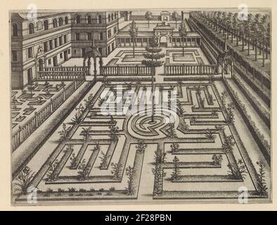 Jardin avec un rez-de-chaussée et a laissé une maison; hortorum viridariorumque elegantes et multiplicis formae; Jardins (série 8 lames) .un jardin avec un rez-de-chaussée avec une spirale et un arbre au centre. L'impression fait partie d'un album. Banque D'Images