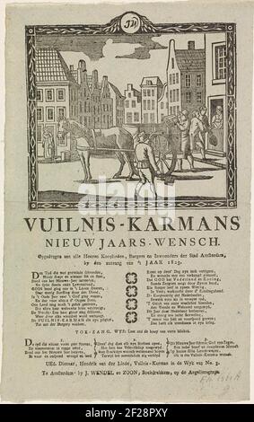 Nieuwjaarswens van de vuilnismannen van Amsterdam voor het jaar 1823; Vuilnis-karmans nieuwjaars-wensch.le nouvel an des collecteurs d'ordures d'Amsterdam pour l'année 1823. Vue dans une rue d'Amsterdam où deux hommes avec un chariot ramassent la saleté. Deux autres hommes reçoivent de l'argent dans une maison. Avec poème en deux colonnes et une chanson en trois versets. De l'armure à ordures dans le N° 3: Hendrik van der Linde. Banque D'Images