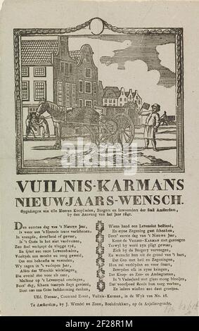 Nieuwjaarswens van de vuilnismannen van Amsterdam voor het jaar 1841; Vuilnis-karmans nieuwjaars-wensch.le nouvel an des collecteurs d'ordures d'Amsterdam pour l'année 1841. Vue dans une rue d'Amsterdam où un homme crée la saleté de la rue et un autre homme court avec le rochet. Deux autres hommes reçoivent de l'argent dans une maison. Avec poème en deux colonnes. De l'armure de déchets dans le NO 18: Coenraad Ernst. Banque D'Images