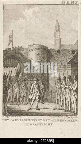 Exode de la garnison de Maastricht, 1748; pris la garniture, avec tout Krygseer, de Maastricht.l'Exode avec tout l'avertissement de la garnison hollandaise sous Baron d'Aylva, après la capitulation de la ville de Maastricht aux Français, 10 mai 1748. Signature en haut à droite : XI D. PL. V. Banque D'Images