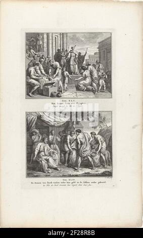 Joseph recueille des chorales en Égypte et les fils de Jacob trouvent leur argent; Le Koorn-House d'Egypten / Joseph Amasse le Blé de l'Egypted Zoonen van Jacob chacun trouvent leur argent dans les sacs à nouveau tournés / les fils de Jacob Trouvent leur argent danse les Noirs.Two Biblics performances de Genèse 41 et 42. Numéroté en bas à droite : 21. Banque D'Images