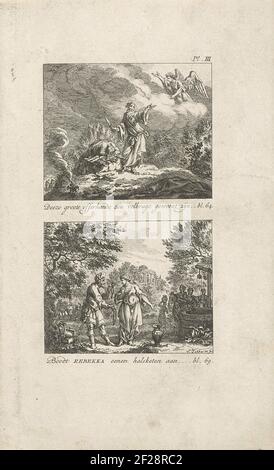 Offre van Isaak, et Rebekka reçoit des cadeaux d'élozer; ce grand sacrifice de la mort aurait été fourni (...) / Rebekka ajoute une chaîne de cou (...); performances de l'ancien Testament.scènes de l'ancien Testament. Au-dessus: Abraham se tient avec un couteau dans sa main au point de sacrifier son fils Isaac si un Ange apparaît sur la droite dans l'air qui l'arrête. Ci-dessous: Rebekka reçoit des cadeaux de onze dans le puits. Deux représentations d'une plaque, en haut à droite étiquetée : PL. III Banque D'Images