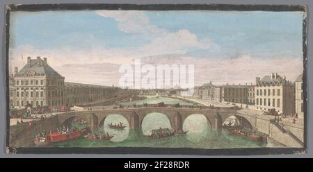 Vue du Pont Royal sur la Seine à Paris, vue sur le Pont neuf, vue privée de Paris, levier du Pont Royal Regardant Fresh le Pont neuf. Relie le Palais des Tuileries. Dans le maître d'état une règle de texte français. Banque D'Images