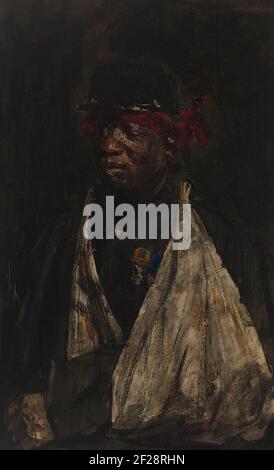 Portrait d’un soldat KNIL blessé. Les Hollandais ont surnommé ce soldat ouest-africain ‘Kees Pop’, un nom archetypal hollandais, parce qu’ils n’ont pas pu prononcer son nom original. De nombreux soldats ont été recrutés dans l'ancien centre d'esclaves d'Elmina (aujourd'hui Ghana) dans l'Armée néerlandaise des Indes orientales (KNIL) pour combattre les Indonésiens rebelles. «Pop» a signé en 1869 pour une tournée de service de douze ans; il a combattu dans la guerre d'Aceh et a été décoré pour son service. Isaac Israël le dépeint avec ses médailles aux pays-Bas juste avant son retour en Afrique. Banque D'Images