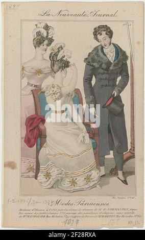 La Nouvelle Journal, modes parisiennes, 1827, n° 13: Pardessus d'Homm (...).UN homme et deux femmes qui portent la même robe à l'intérieur. Il porte un 'pardessus' avec un collier de fourrure ou 'Collet Pelerine'. Coupe de MM Normandin Frères. Chapeau haut 'sans apprentis' par MR Manéglier. Coiffure pour femmes ou « coiffure » de M. Mariton. Imprimé du magazine de mode la Nouvelle Journal (1-9-1825 au 1827 janvier). Banque D'Images