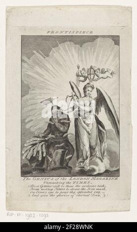 Personificatie van the London Magazine neemt masker af van the Times; Frontispiece / le Genius du London Magazine Unmasking the Times; Titelpagina voor: S.N., London magazine, ou Gentleman's mensuel intelligencer, 1772.la personnification du magazine The London Magazine, comme un ange avec une flamme sur la tête, diminue le masque de la séance, étiqueté figure à côté d'elle. La figure assise personnifie le Dagblad le temps. Un texte anglais de quatre lignes dans le sous-marin. Banque D'Images