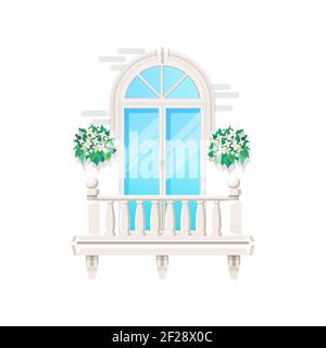 Balcon avec fenêtre de maison, façade classique vintage bannister de bâtiment, icône vectorielle plate. Balcon extérieur moderne avec porte vitrée, blanc Illustration de Vecteur