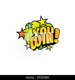 Vous gagnez pop art sticker label isolé comic Cloud burst avec des étoiles. Vector Winner message de chat de boom bang, promotion réussie, gagner en compétition. C Illustration de Vecteur