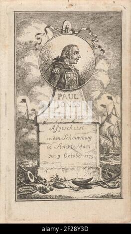 Portret van Paul Jones.Medallion portrait de Paul Jones, portrait de buste et profil à droite. Ci-dessous le texte: Raccourci à Den Schouwburg à Amsterdam den 9 octobre 1779. En arrière-plan, on peut voir des fragments de voiliers. Banque D'Images