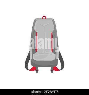 Sac d'école enfant icône vectorielle isolée, sac à dos de dessin animé de couleur grise avec rayures rouges. Sac à dos d'étudiant ou de randonnée, sac à dos touristique ou sac d'école Illustration de Vecteur