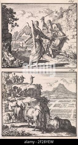 Balaam et l'ange / balaam avec le roi Balak sur le dessus de la montagne.deux représentations d'une plaque. En haut à droite, numéroté : 173 et 174. Banque D'Images