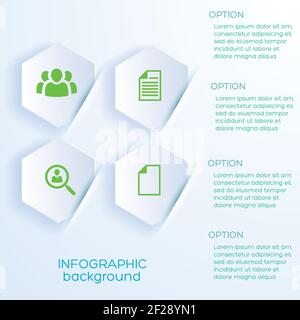 Arrière-plan du livre blanc avec autocollants hexagonaux pour infographie d'entreprise et emplacement pour l'illustration vectorielle réaliste du texte d'accompagnement Illustration de Vecteur