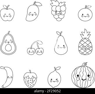 Colorer les fruits kawaii. Page de coloriage pour enfants. Illustration de Vecteur