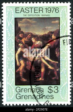 GRENADE GRENADINES - VERS 1976: Un timbre imprimé à Grenade Grenadines, dans le numéro de Pâques, a montré la déposition, par Raphaël, vers 1976 Banque D'Images