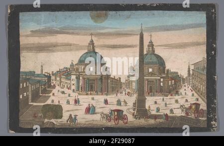 Gezicht op Het Piazza del Popolo te Rome; FEMME OPTIQUE Représentante, place du peuple et nouveaux bâtiments à Rome..aan Het Staat Links de Kerk Santa Maria Dei Miracoli en rayons de Kerk Santa Maria à Montesanto. Banque D'Images