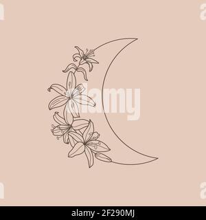 Le Crescent Moon of Lily fleurit dans un style linéaire minimaliste tendance. Icône vectorielle florale vectorielle. Motif tatouage Illustration de Vecteur