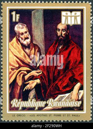 RWANDA - VERS 1973 : un timbre imprimé au Rwanda, présenté la peinture d'El Greco - les apôtres Saint-Pierre et Saint-Paul, vers 1973 Banque D'Images