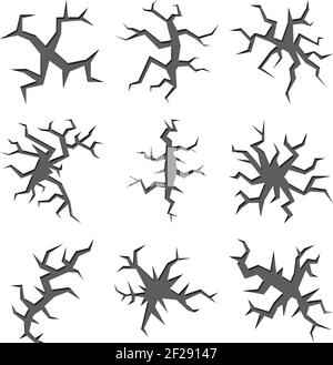 Ensemble de vecteurs de trous et de fissures de dessin animé. Surface de tremblement de terre, fond de danger, fractionnement et illustration de catastrophe Illustration de Vecteur