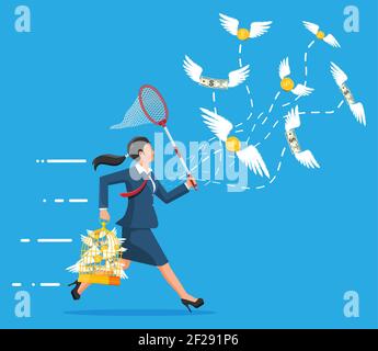 Femme d'affaires courir avec le filet de papillon à la recherche de l'argent vole dans l'air. Billets en dollars et pièces en or avec ailes. Concept de réussite croissance de carrière. Réalisation et objectif. Illustration vectorielle plate Illustration de Vecteur