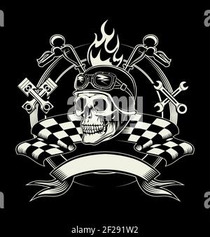 Emblème de motard vectoriel avec crâne ou coureur moto mort. Vélo de vitesse, cavalier, clé en croix et drapeau Illustration de Vecteur