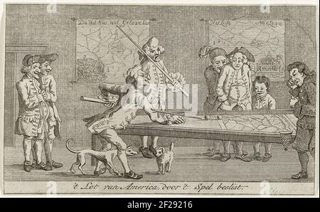 Caricature dans laquelle le sort des États-Unis est décidé par un jeu de billard entre deux hommes (princes européens), ca. 1782. Sur les cartes murales de l'Amérique du Nord et du Sud. Banque D'Images