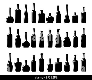 Silhouettes de bouteilles de vin et de bière. Verre d'alcool, boisson et liquide, collecte en conteneur. Illustration vectorielle Illustration de Vecteur