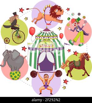 Cirque plat autour concept avec tente strongman levage barbell acrobat équitation vélo clown jonglage balles lion cheval éléphant tours isolés vecteur i Illustration de Vecteur