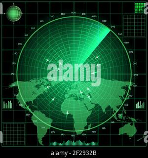 Écran radar avec plans. Fond de la carte du monde, technologie militaire, système et équipement, illustration vectorielle Illustration de Vecteur