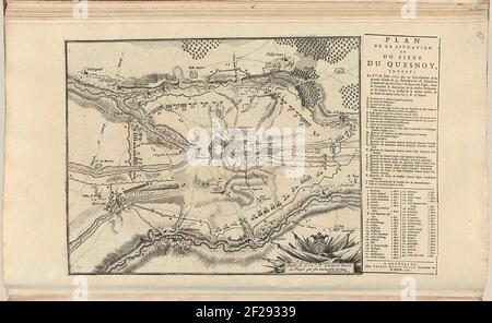 Beleg van le Quesnoy, 1712; Plan de la situation et du siège du Quesnoy, investi le 8.Me de Juin 1712 (...).carte du Quesnoy, assiégée par les alliés sous le baron Fagel à partir du 8 juin et occupée le 6 juillet 1712. Sur le magazine à côté de l'imprimé, le titre et la légende A-Z avec une liste des régiments alliés. Partie d'une collection groupée de plans de batailles et de villes célèbres dans la guerre de succession espagnole. Banque D'Images