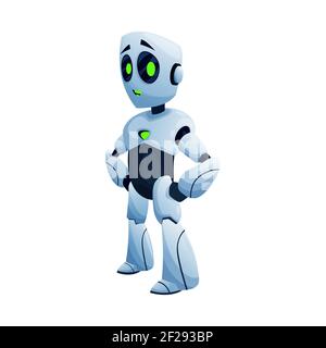 Robot avec bras à la taille isolé jouet enfants vue latérale. Vector android Automation caractère futuriste pleine longueur, cyborg humanoid. Robot en plastique, science-fiction Illustration de Vecteur