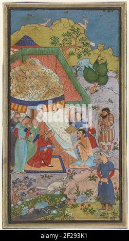 Épisode de Laila et de l'histoire d'amour de Majnun, Majnun en conversation avec laila pour une tente. Majnun visite Laila dans sa tente. Illustration de l'histoire de Laila et de Majnun de la Khamsa de Nizami. Banque D'Images
