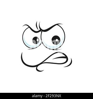 Contestable Angry incertain smiley isolé ligne mince expression de visage douteuse. Vecteur méfiant emoji avec les grands yeux, doute questionné sourire, su Illustration de Vecteur