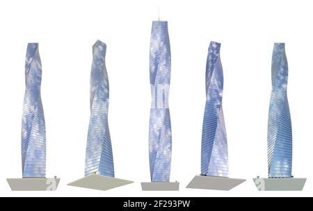 5 vues d'angles différents rendus de conception fictive gratte-ciel avec construction en spirale avec réflexions ciel nuageux - isolé, illustration 3d de s. Banque D'Images