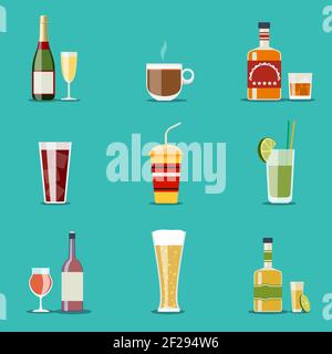 Buvez des icônes plates. Alcool et bière, bouteilles de vin. Cocktail et champagne, lunettes de vin et tequila, tasse à café, cognac et jus. Illustration vectorielle Illustration de Vecteur