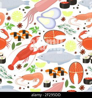 Fruits de mer et épices pour le menu du restaurant dans un cadre sans couture patter Illustration de Vecteur