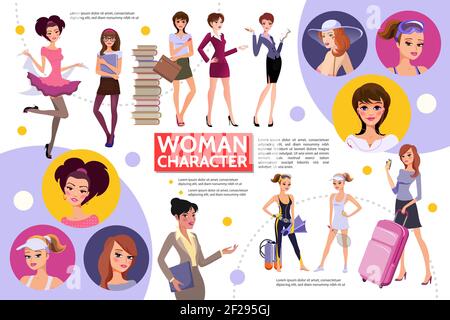 Flat Woman personnages concept d'infographie avec différentes coiffures sportswomen étudiants femmes d'affaires secrétaire touriste à la mode femmes filles en ca Illustration de Vecteur